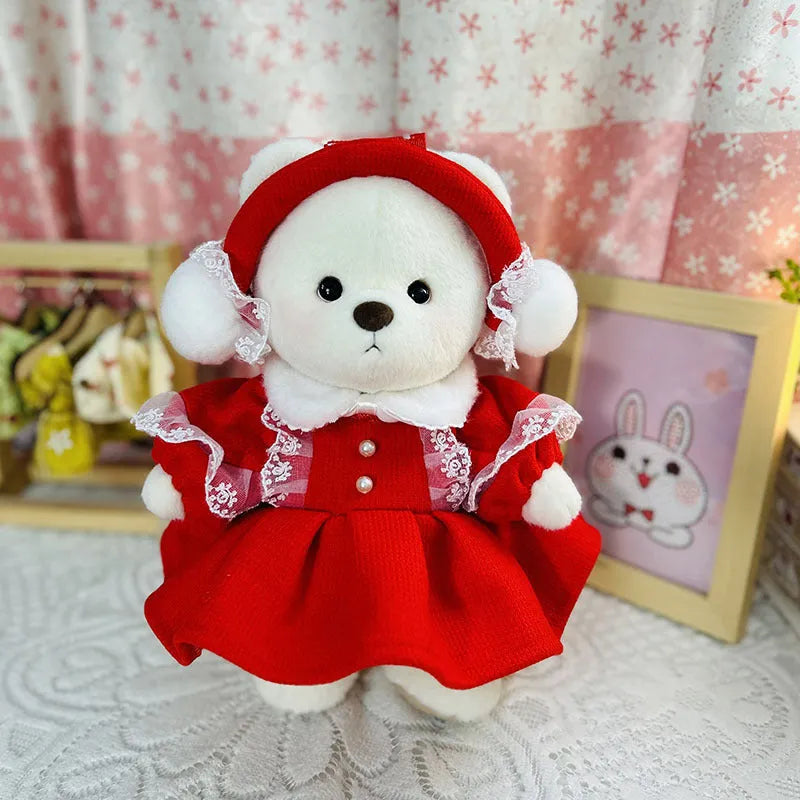 30cm Momo bear plush doll wearing a red plaid dress Christmas costume set with cloak