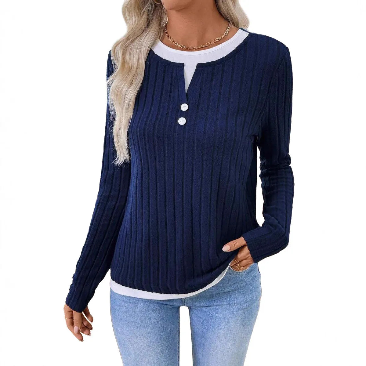 Women's two-piece style pullover sweater in concave stripe polyester with round neck button detail
