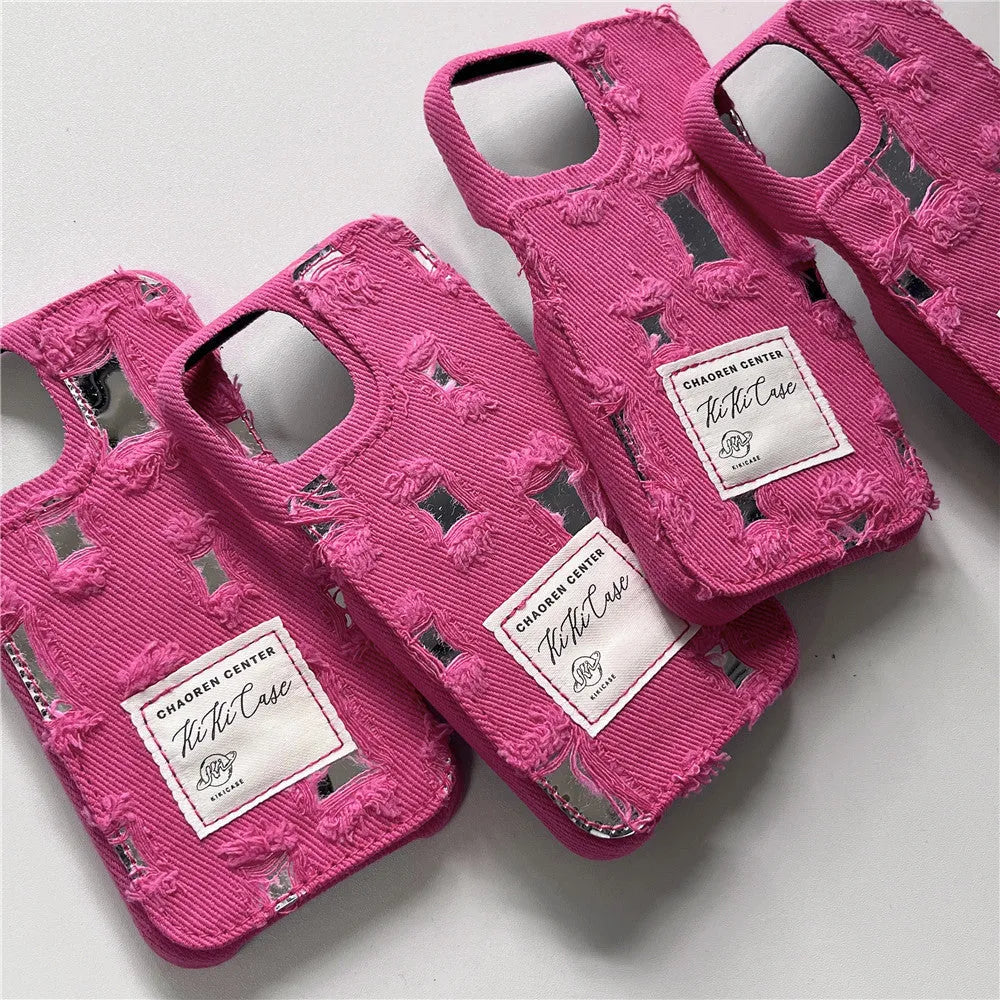 Mirror hole denim TPU phone case with rhinestone animal pattern for iPhone, back cover in rose red