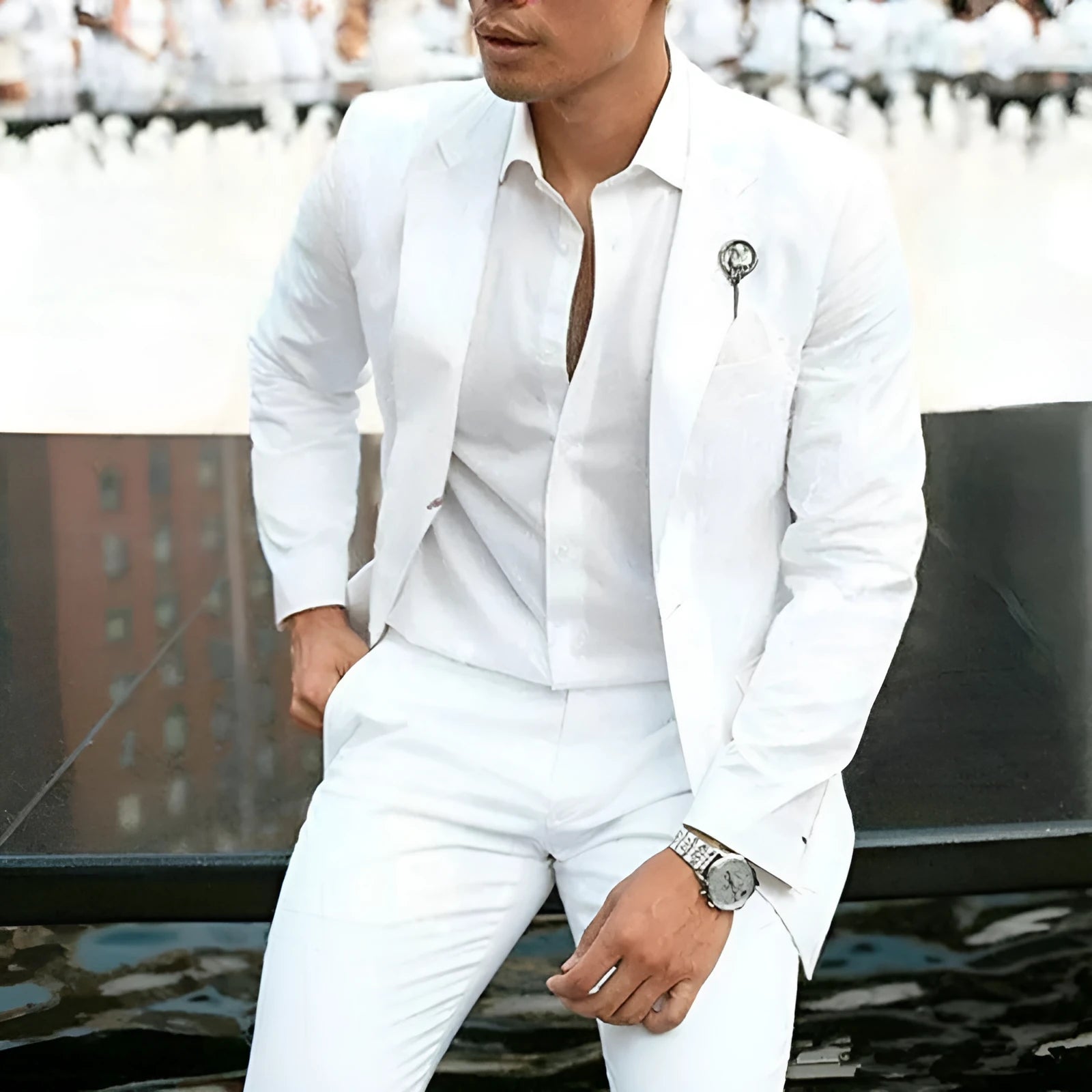 Men's white slim fit two-piece wedding suit with groomsman styling