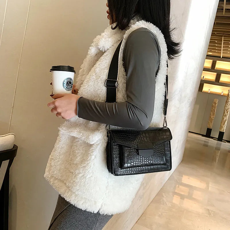 PU crossbody bag in four colours showing 20cm width and 14cm height