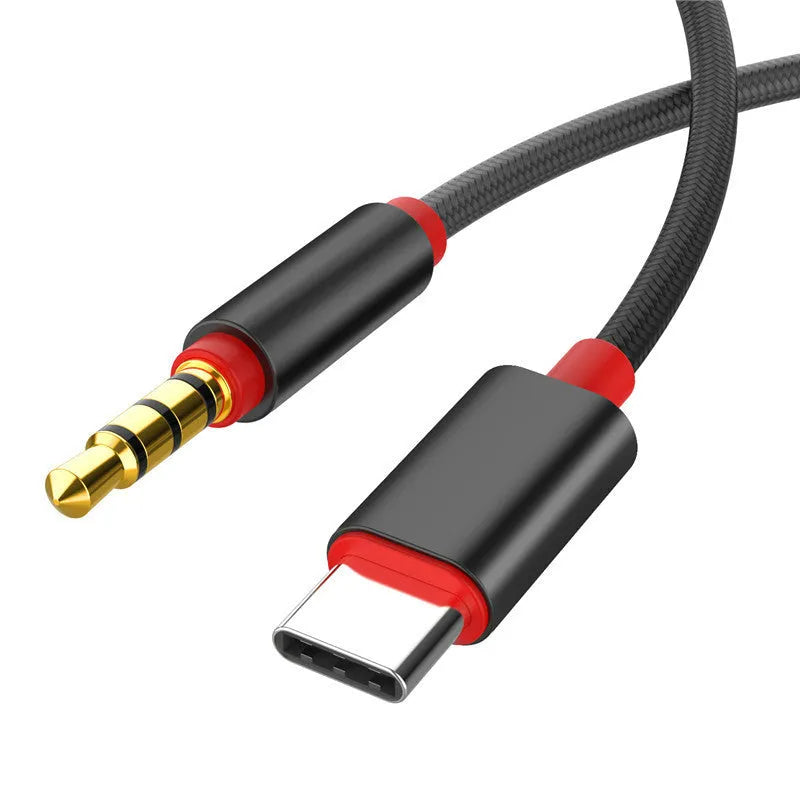 Nylon braided audio cable with 3.5mm jacks in black or silver, showing length options.