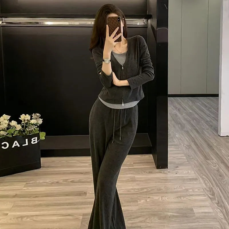 Women's casual sportswear suit solid colour long sleeve top and trousers autumn Japanese Korean style