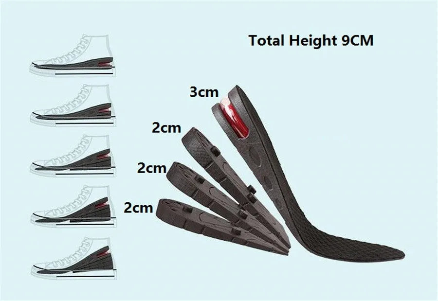 Black PVC height increase insoles with visible stacked layers, 27cm length, for men's shoe lifts