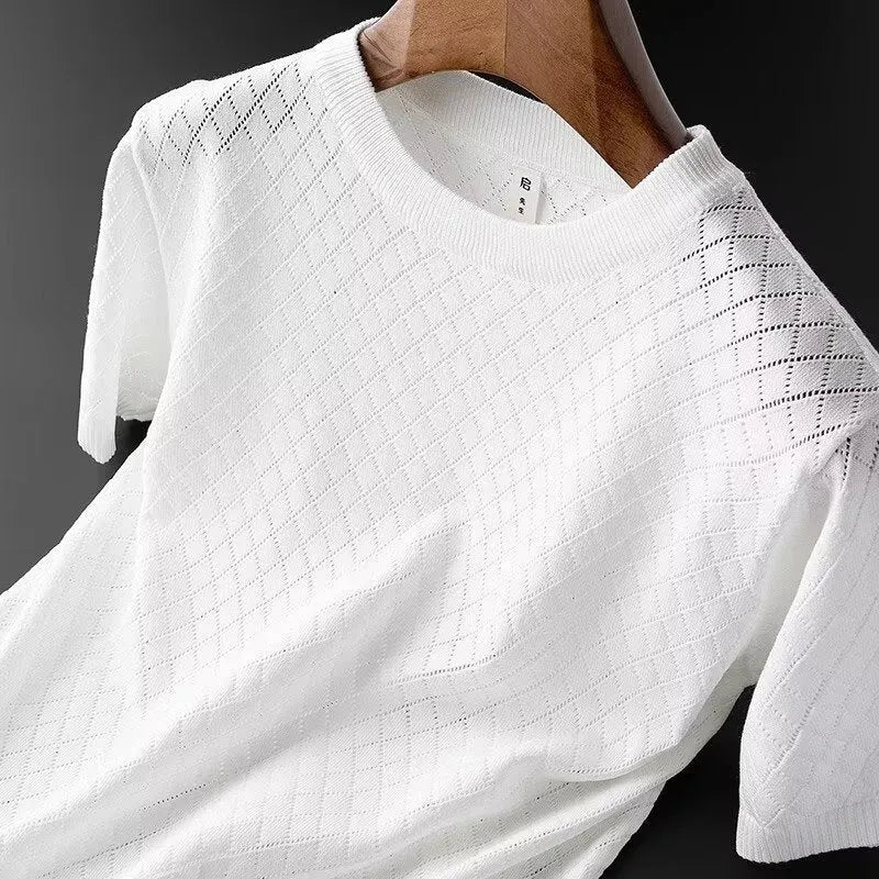 Men's black and white ice silk t-shirts showing V-neck and round neck options on a hanger.