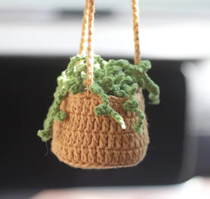 Green and white knitted car plant ornament with 8cm basin base and hanging rope for vehicle interiors
