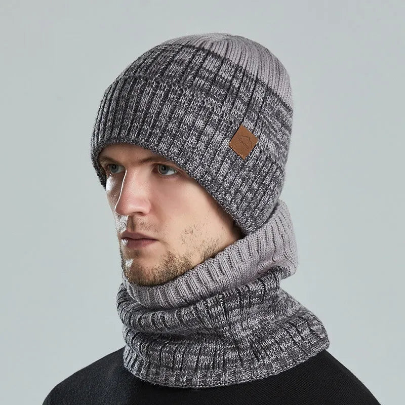 Fleece-lined thickened acrylic winter hat in dome style with matching neck warmer for men