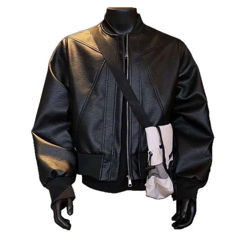Men's black PU leather motorcycle-style jacket with an extended length and tight fit on a hanger.