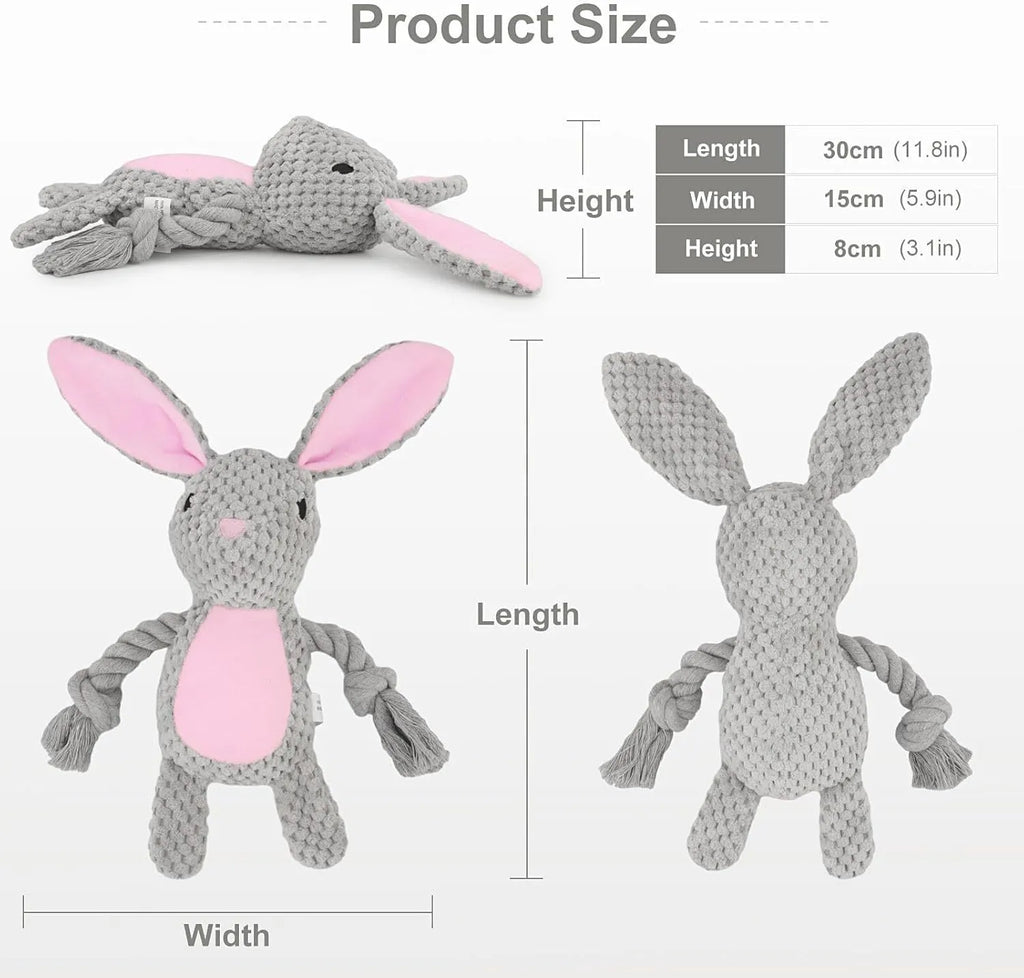 Interactive dog plush toy with squeaker and crinkle paper in elephant design with cotton rope