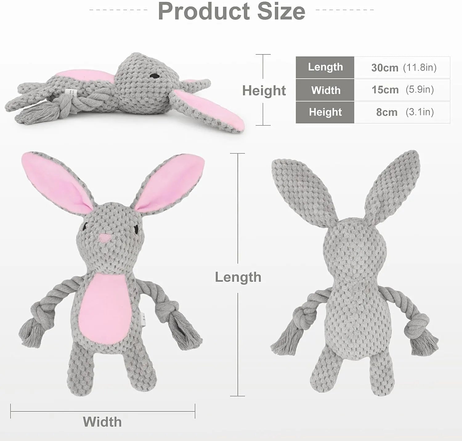 Interactive dog plush toy with squeaker and crinkle paper in elephant design with cotton rope