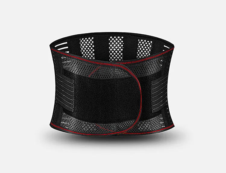 Black sports waist support belt with steel plate insert for lumbar protection during fitness activities