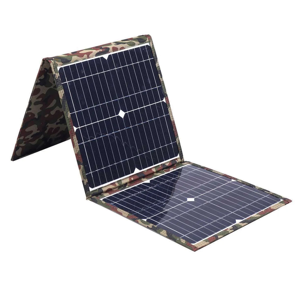 Black foldable portable solar panel unfolded showing three solar cells, with car charger and cables.