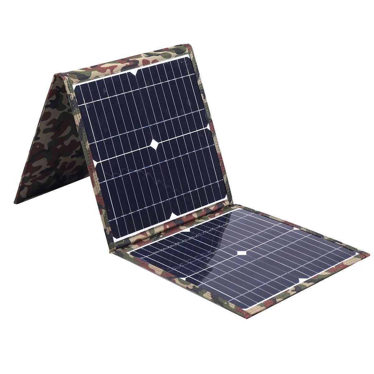 Black foldable portable solar panel unfolded showing three solar cells, with car charger and cables.
