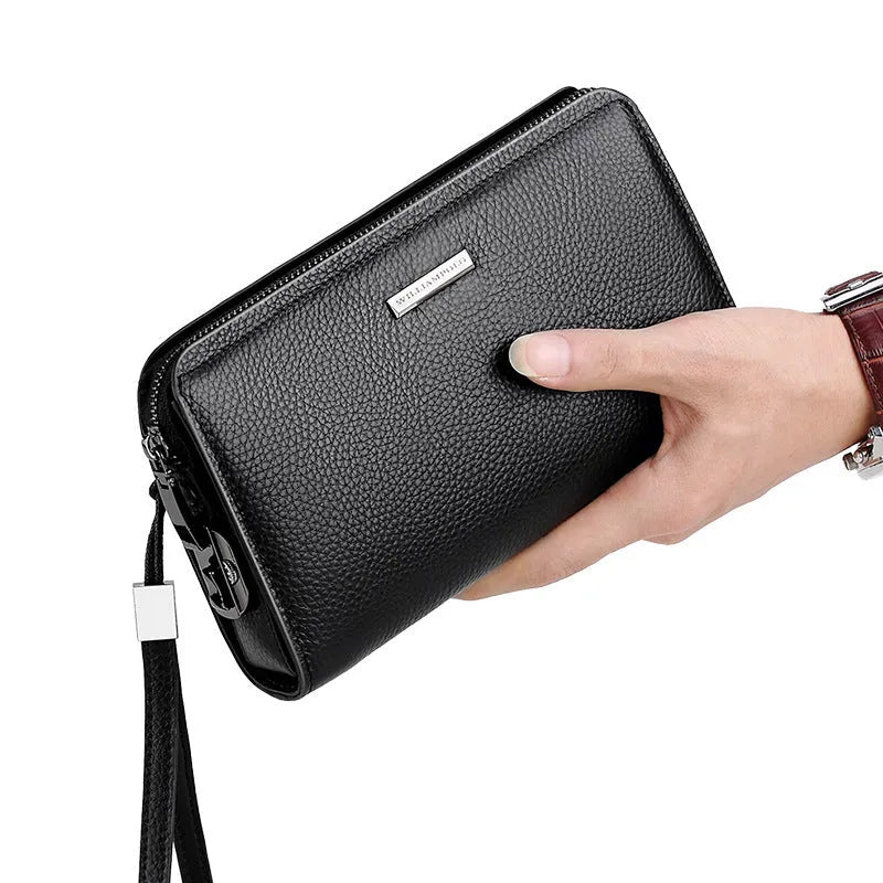 Men's genuine leather clutch wallet with litchi pattern embossing, anti-theft sandwich pocket, and removable handle in black