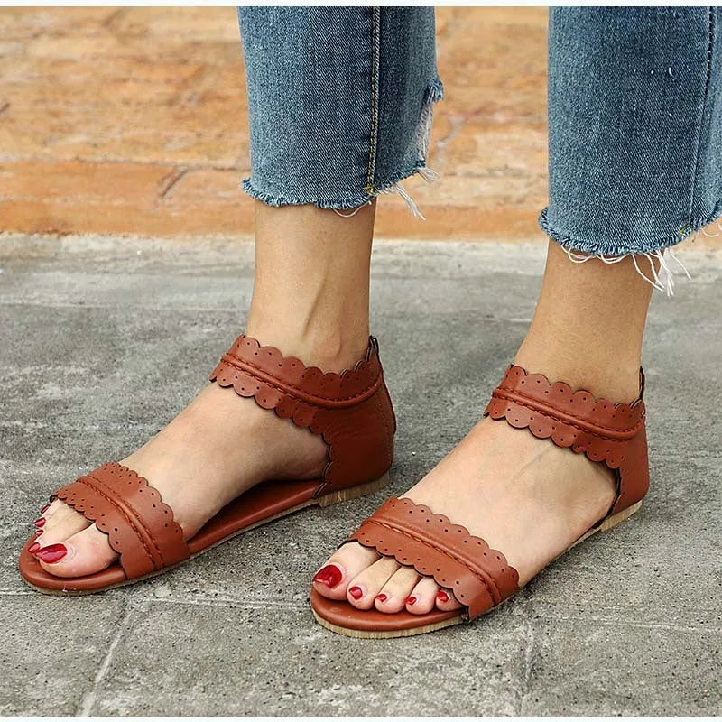 Ladies sandals with artificial PU upper and beef tendon sole, shown in black, brown, purple, and reddish brown colours, sizes 34-43