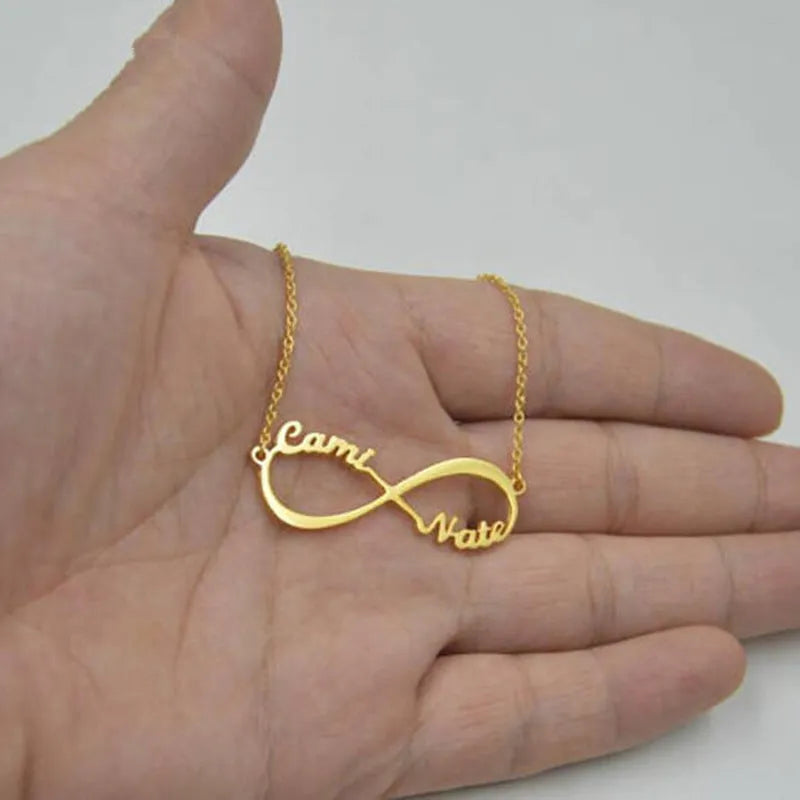Custom infinity pendant name necklace in gold stainless steel with engraved names