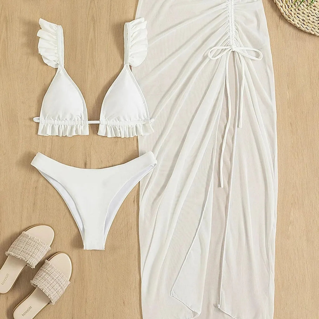 Three-piece bikini set with swim skirt in polyester fibre, showing triangle top, low waist briefs and matching skirt