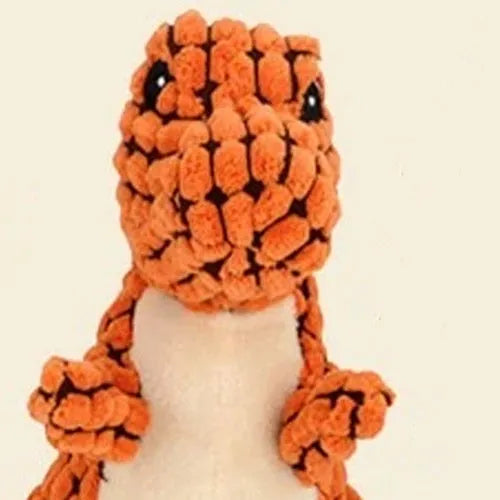 Grey, green, and orange squeaker dog chew toy with rope centre for large breeds.