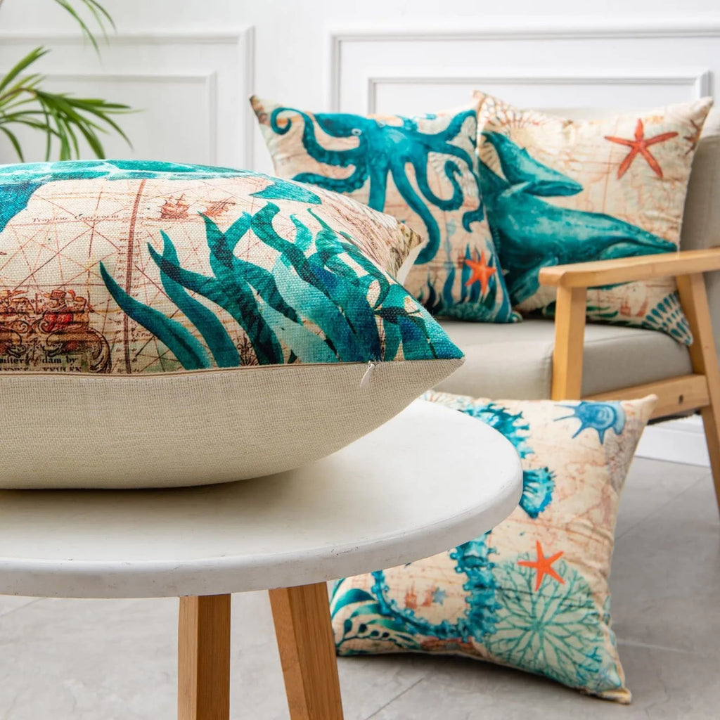 Square linen cushion cover with sea turtle printed design measuring 45x45cm
