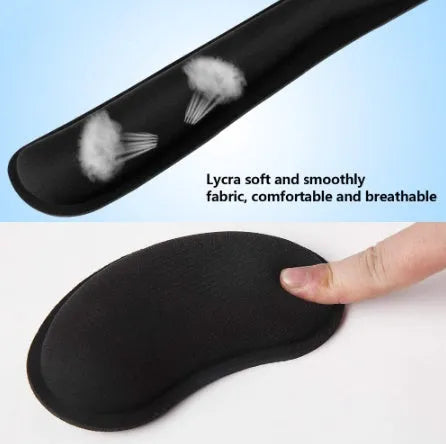 Black ergonomic wrist rest set with memory foam, non-slip natural rubber base, keyboard and mouse pads on desk