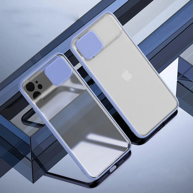 iPhone lens sliding phone case in a contrasting colour with back cover showing sliding mechanism over camera lenses.