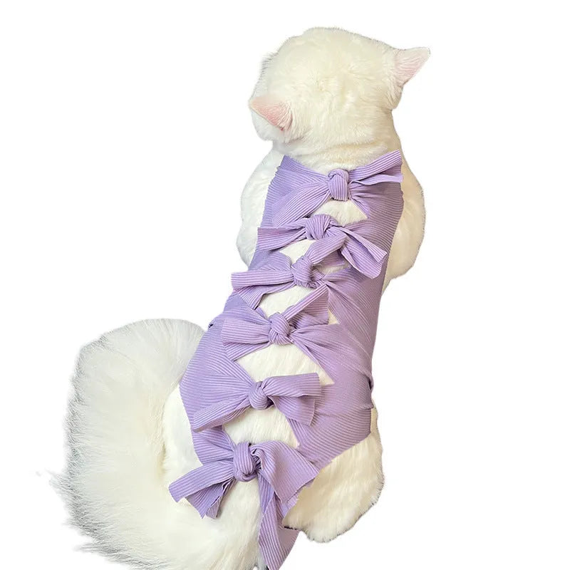 Lace-up back closure cat recovery suit in blue, sized for post-operative sterilisation care