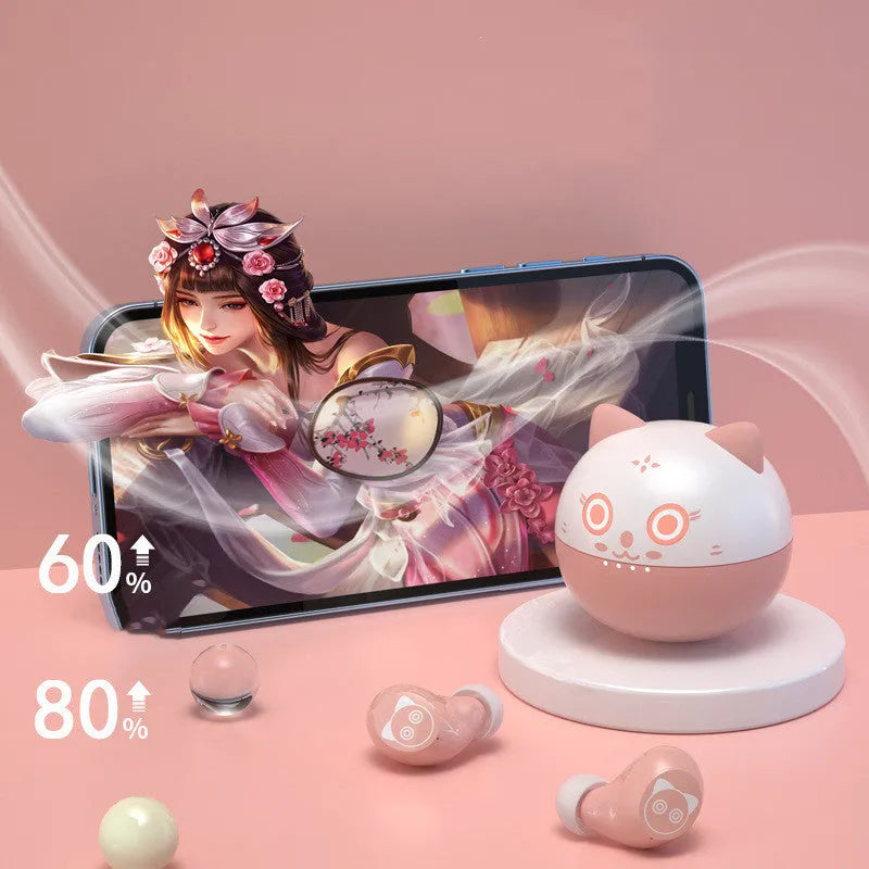 Pink wireless Bluetooth earbuds with earplug style and battery display, flat view on white background