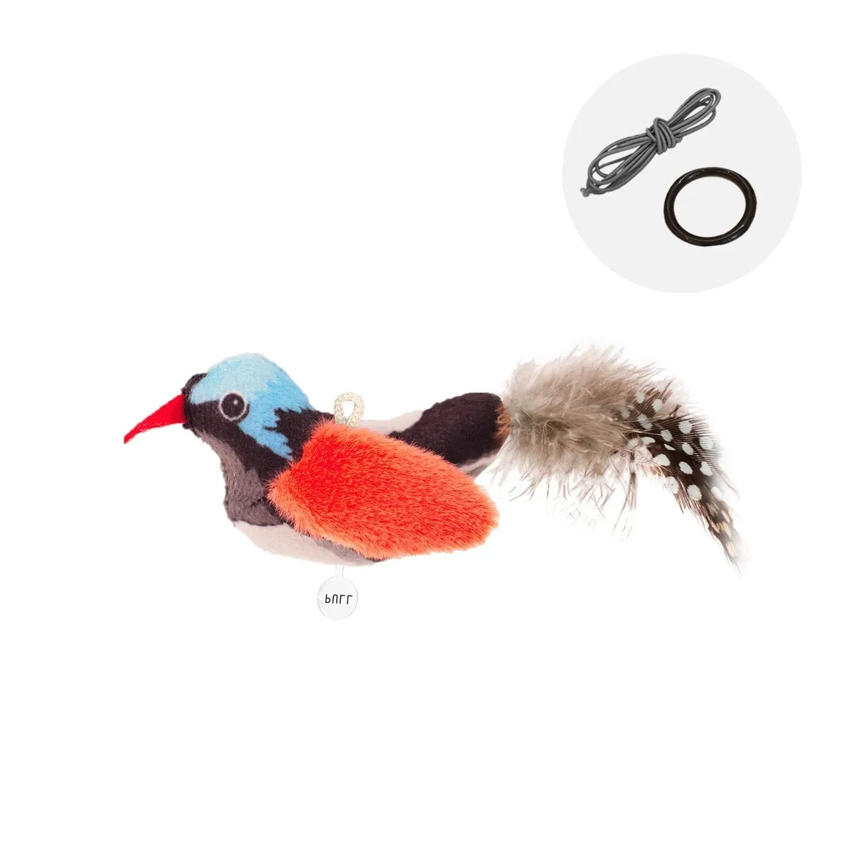 Plush bird simulation cat toy in blue kingfisher colour on a white background.