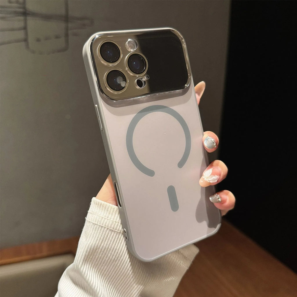 Large window frosted magnetic PC phone case for iPhone, shockproof, anti-fingerprint, black finish