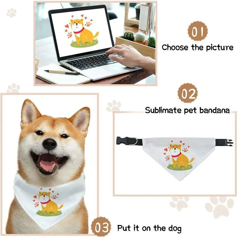 White polyester dog scarf blank ready for thermal transfer customisation in four sizes