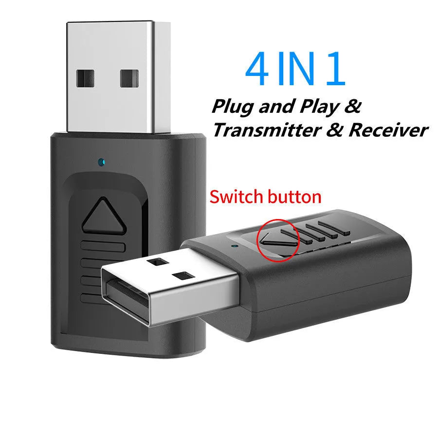 Black Bluetooth 5.0 audio transmitter receiver M135 with USB and aux cable on wooden desk