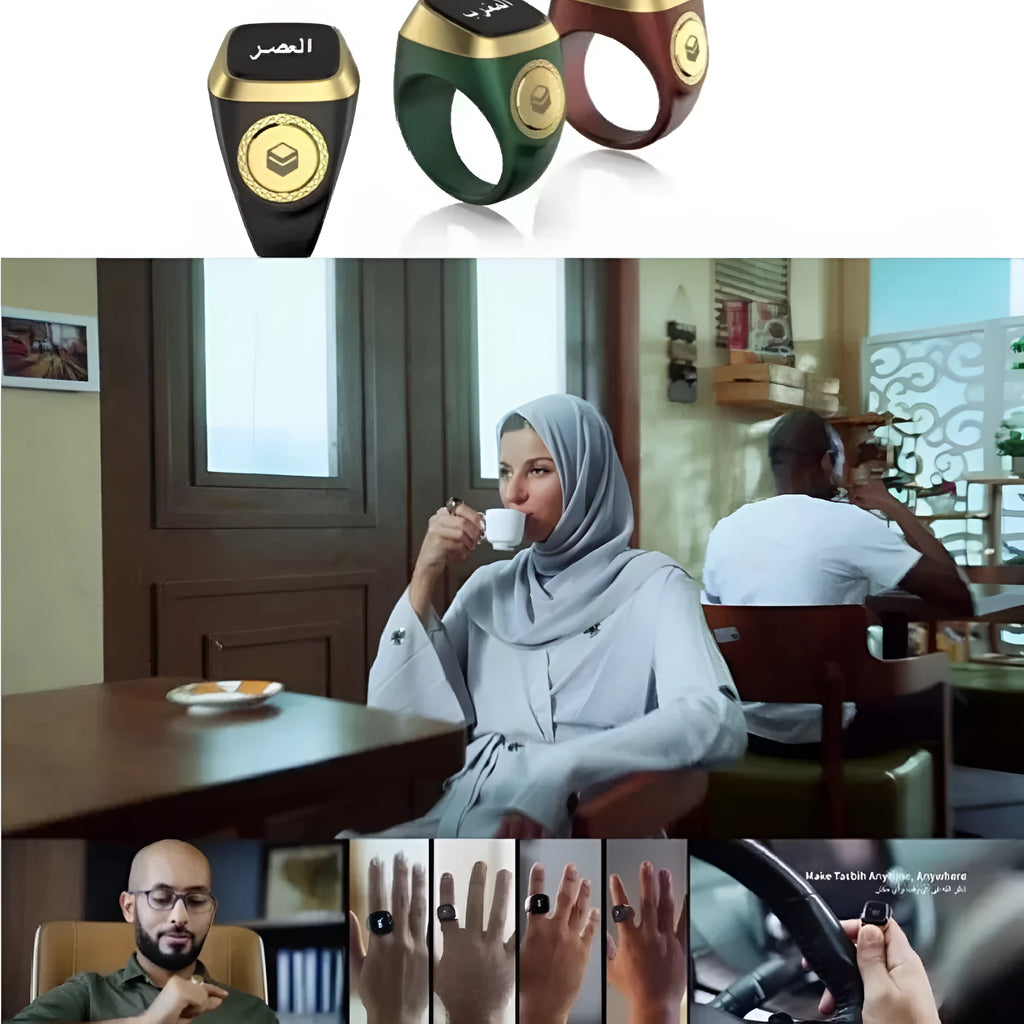 Zikr1 metal smart ring for Tasbih counting on a finger, showing its OLED display and single button.