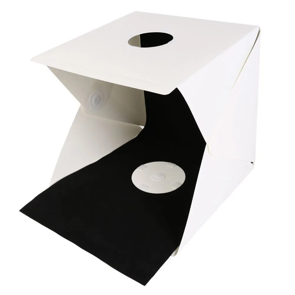 Mini folding studio set with dual LED lights, 40cm cube, six colour background cloths