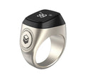 Zikr1 metal smart ring for Tasbih counting on a finger, showing its OLED display and single button.