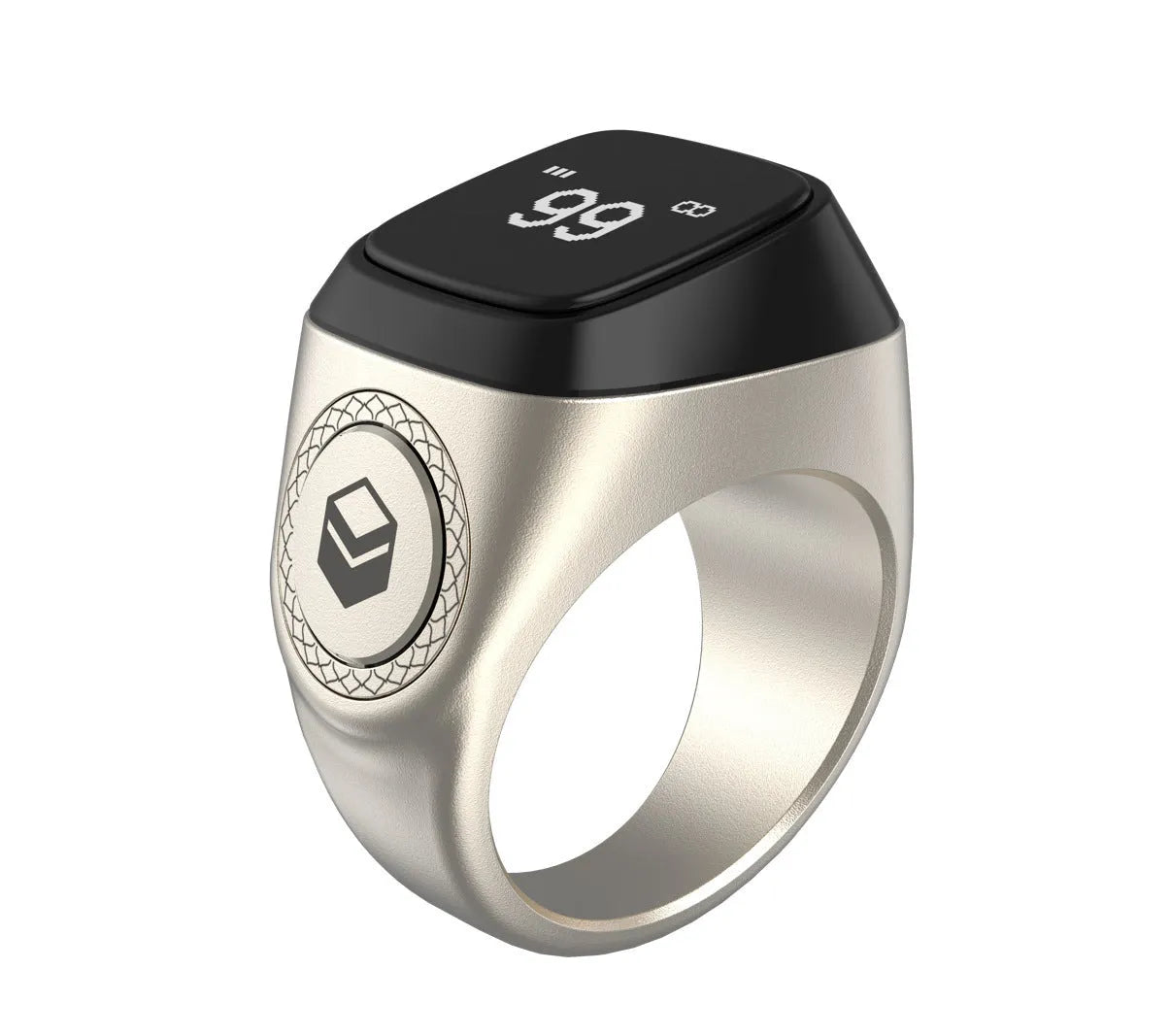 Zikr1 metal smart ring for Tasbih counting on a finger, showing its OLED display and single button.