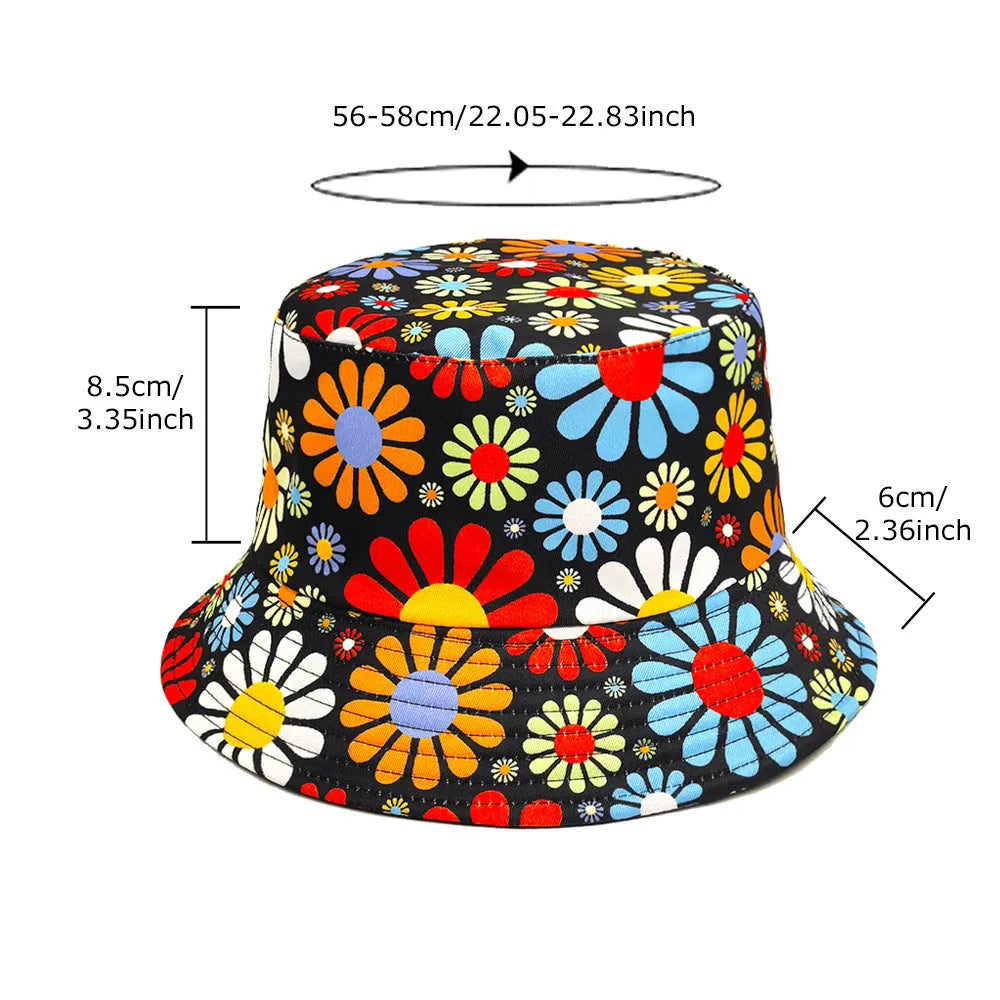 Colourful floral pattern retro bucket sun hat with a dome crown, shown on a neutral background.