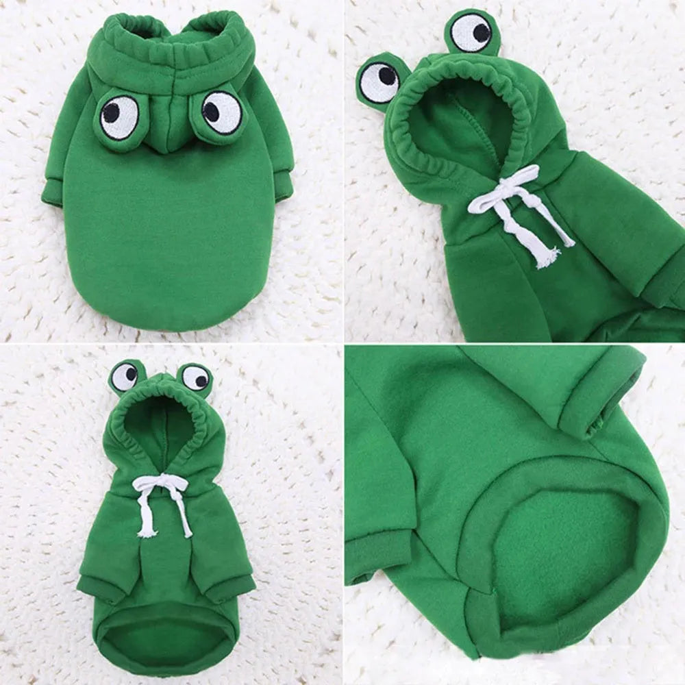 Green frog costume hoodie on a small dog, showing hood with frog face and four-legged jumper fit.