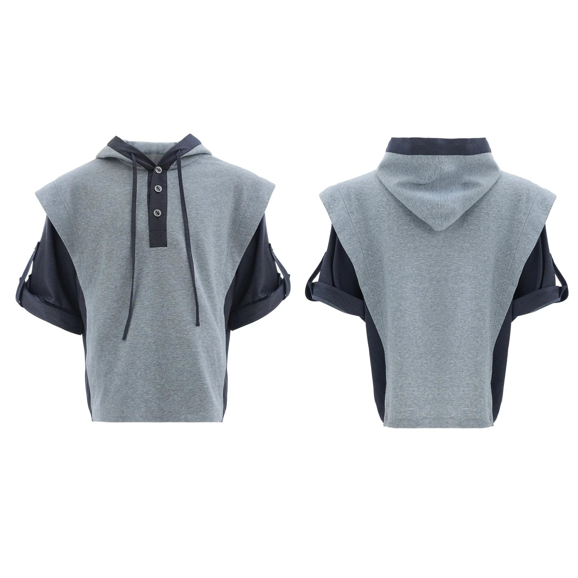 Men's black and grey polyester hooded tracksuit with three-dimensional stitching details