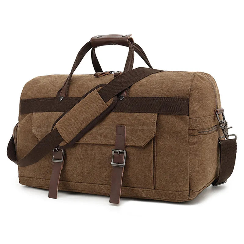 Large capacity crossbody travel bag in canvas with retro sewing detail and crossbody strap