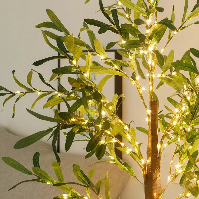 1.8 metre tall artificial olive tree lamp with warm white LEDs lit up, suitable for courtyard or garden decoration.