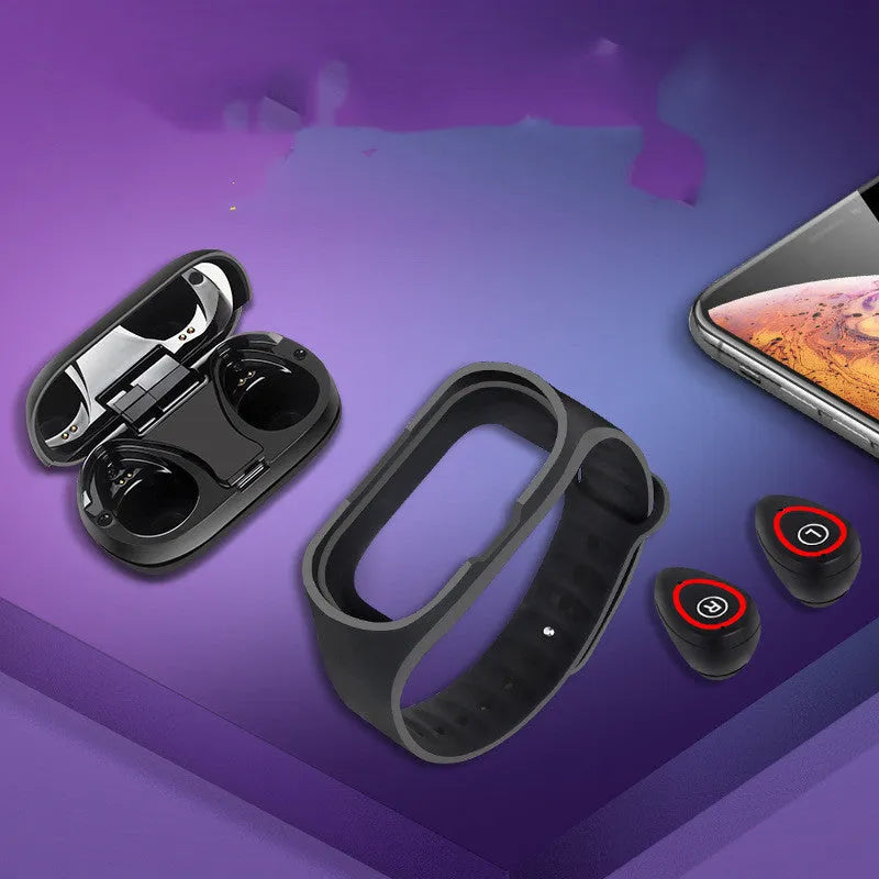 Smart bracelet with integrated wireless earphone, 1-inch screen, on a silicone wristband in black colour.