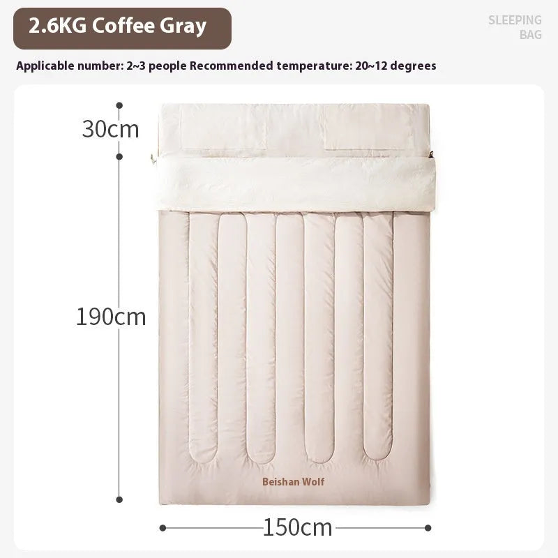 Double camping sleeping bag in coffee gray with thickened chemical fibre filling and envelope style, 210T polyester outer and washed cotton lining