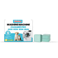 Box of 12 Washing Machine Cleaner Pro antibacterial cleaning tablets on a washing machine drum.