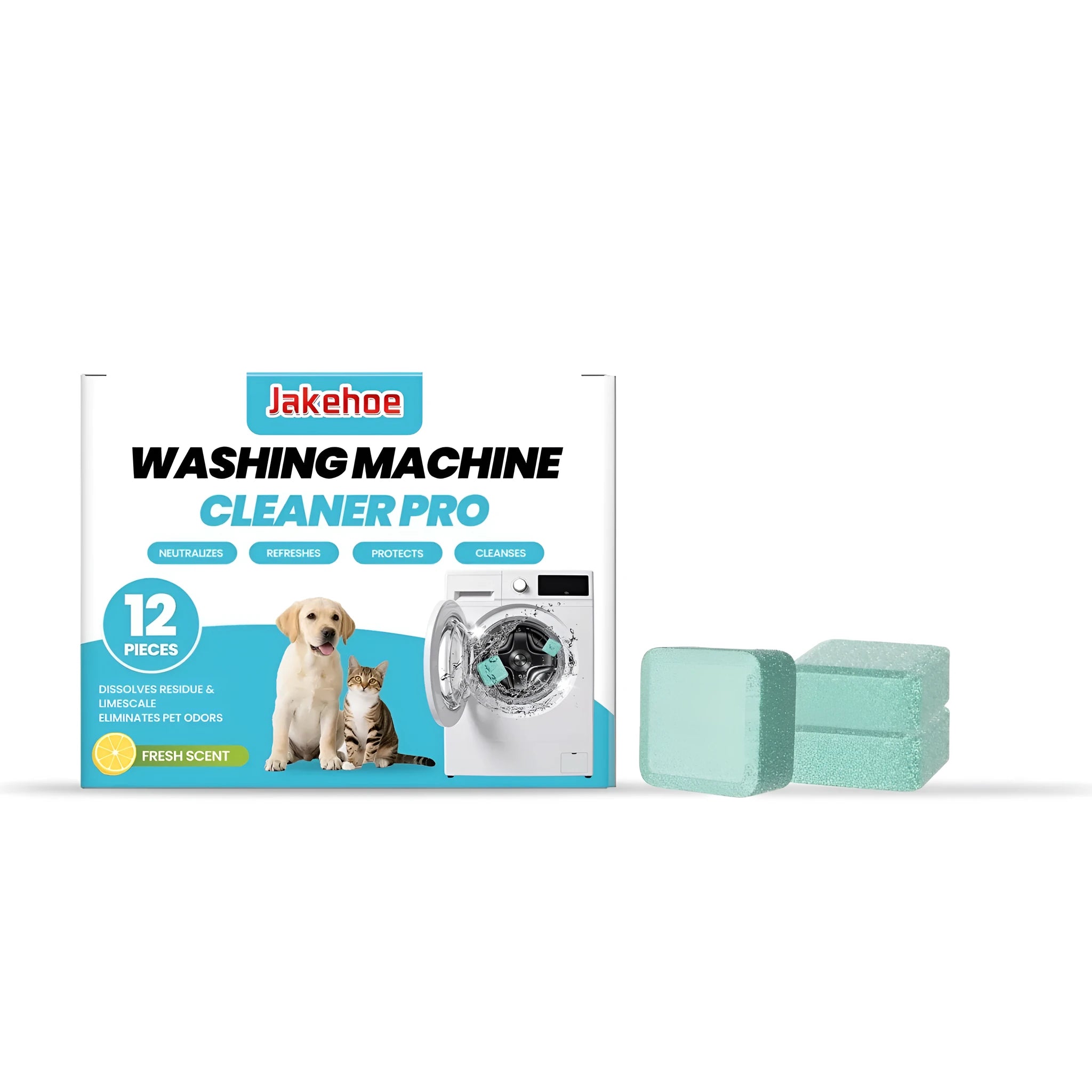 Box of 12 Washing Machine Cleaner Pro antibacterial cleaning tablets on a washing machine drum.