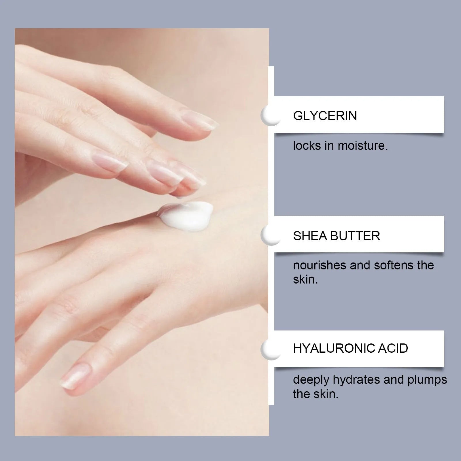 30g tube of moisturising hand cream containing glycerin and hyaluronic acid