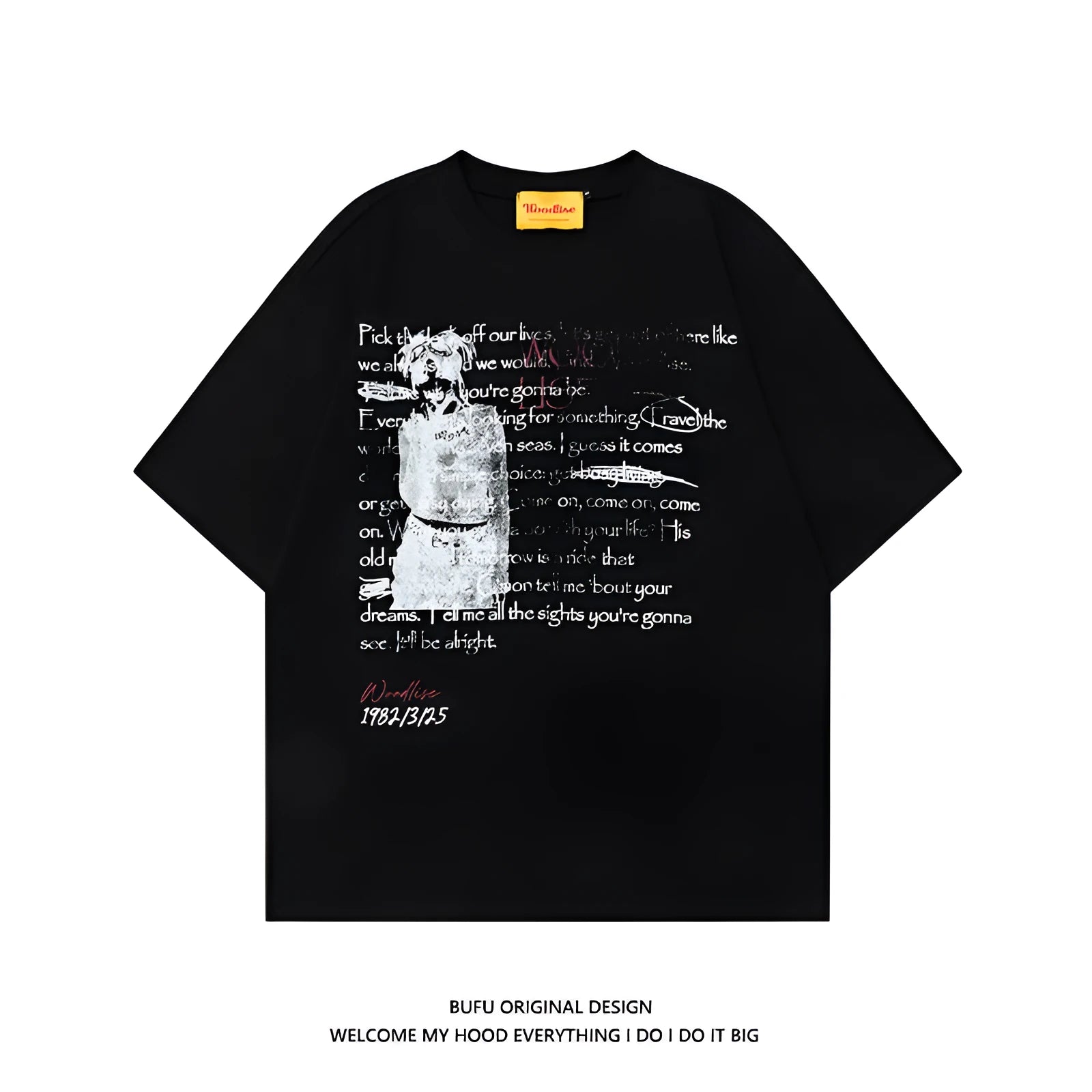 Men's black loose cotton t-shirt with white printed letters and raglan sleeves