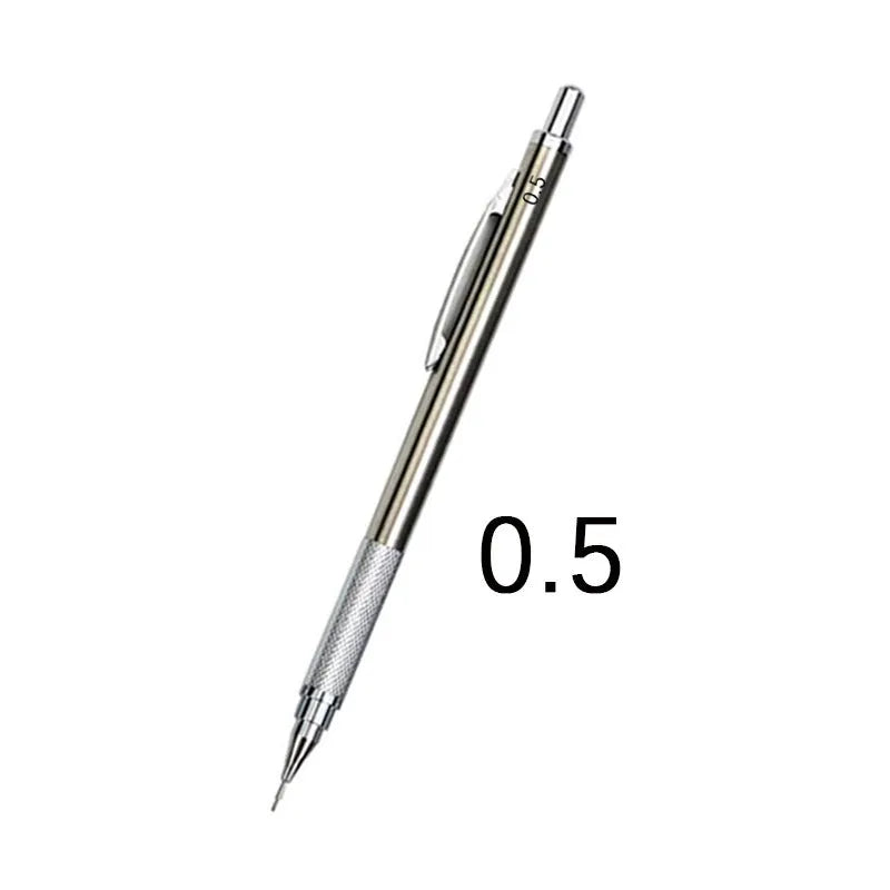 A silver metal automatic mechanical pencil with a pocket clip, shown with 0.5mm lead size text.