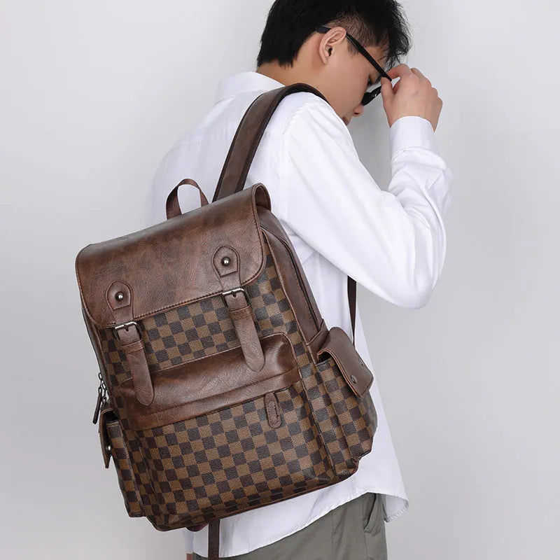 Large capacity black plaid backpack with PU shell, curved shoulder straps, and 35x18x40cm dimensions