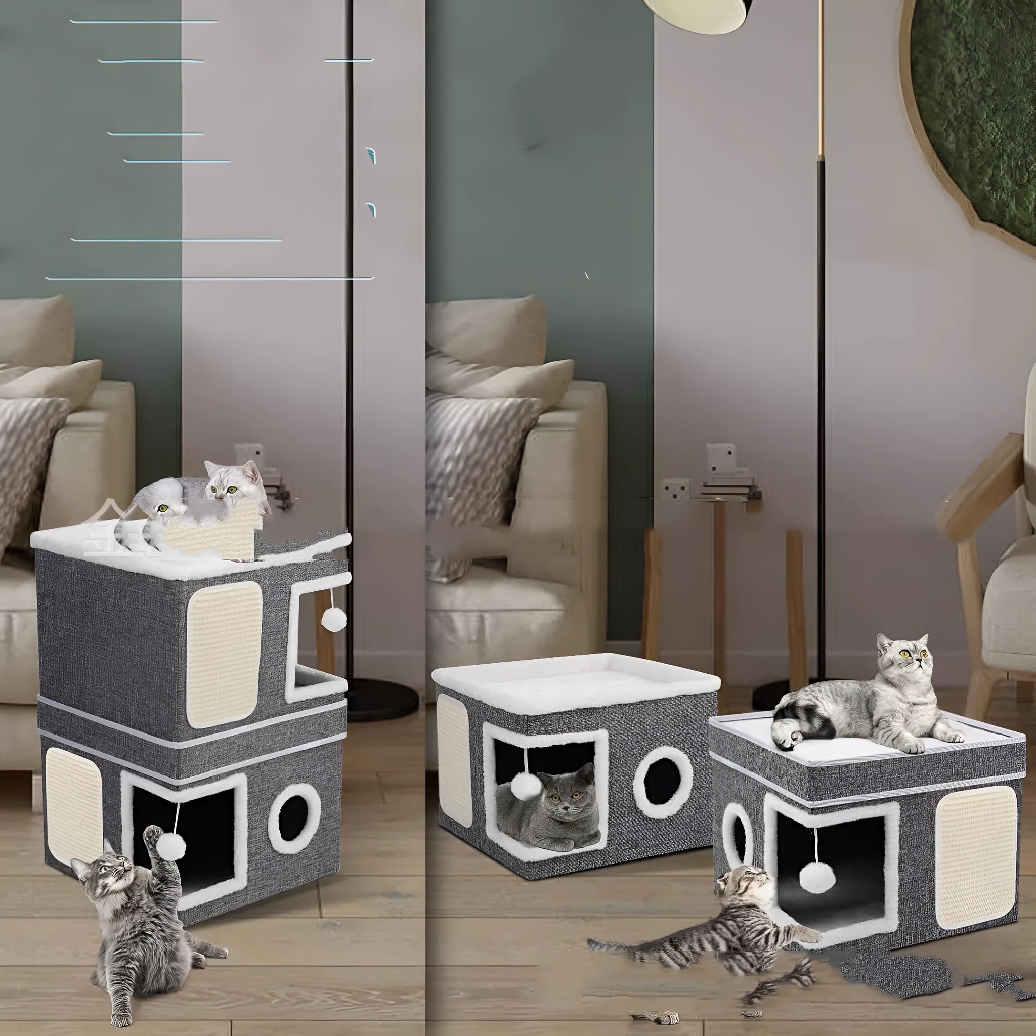Foldable three-layer right angle cat nest in dark gray cloth measuring 40x40x61CM for dogs and cats