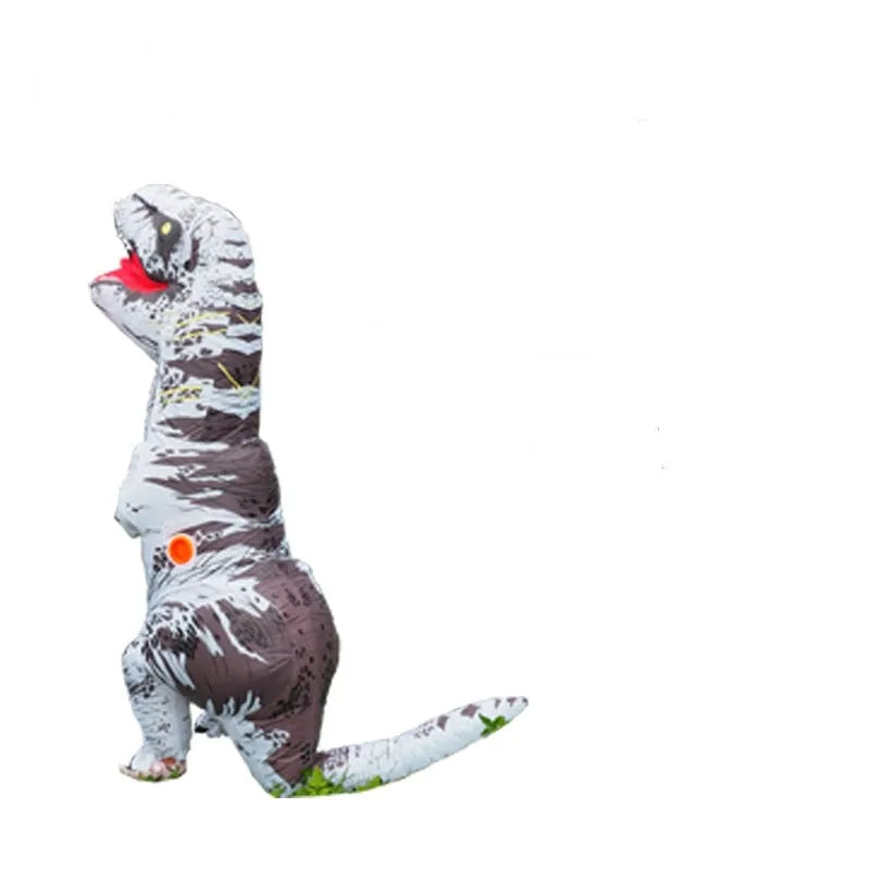 Official Jurassic World inflatable Tyrannosaurus Rex costume in green with gloves, shoe covers, and battery-powered fan unit